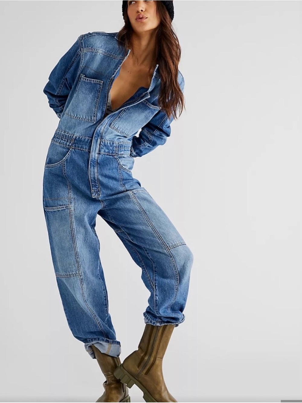We The Free Patchwork Denim Jumpsuit - Blue